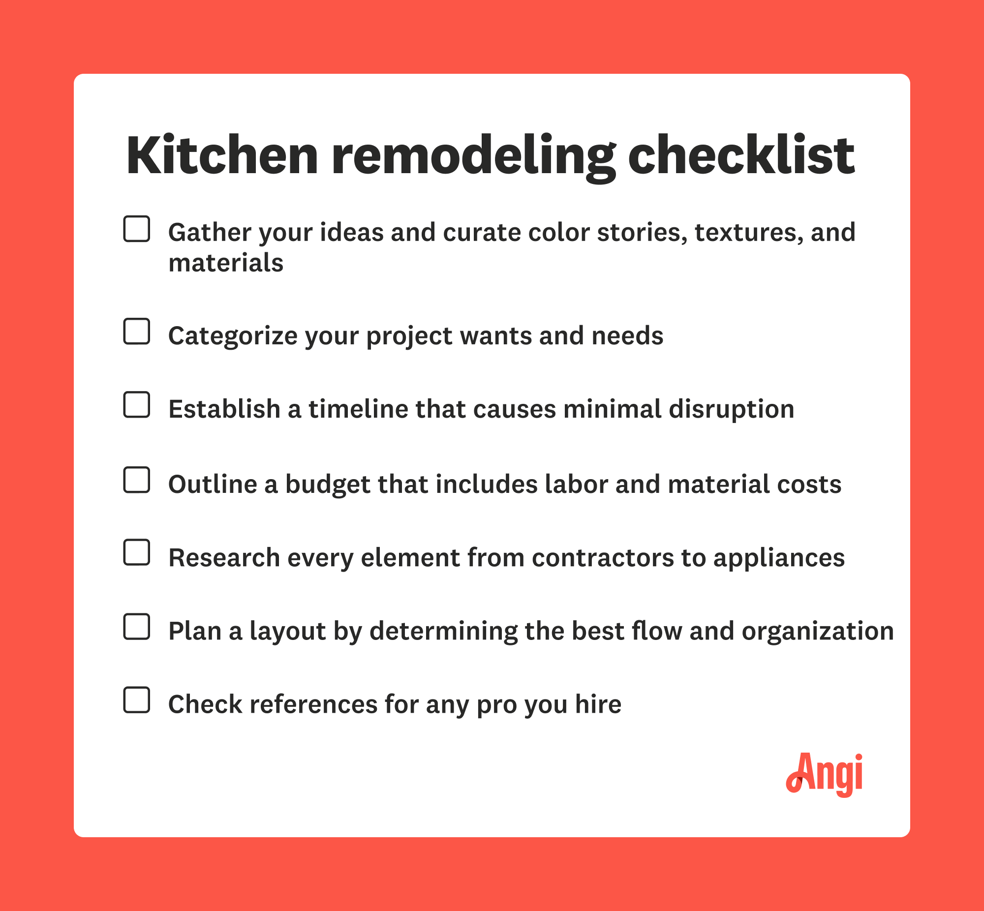 Kitchen remodeling checklist, including planning a layout by determining the best flow and organization